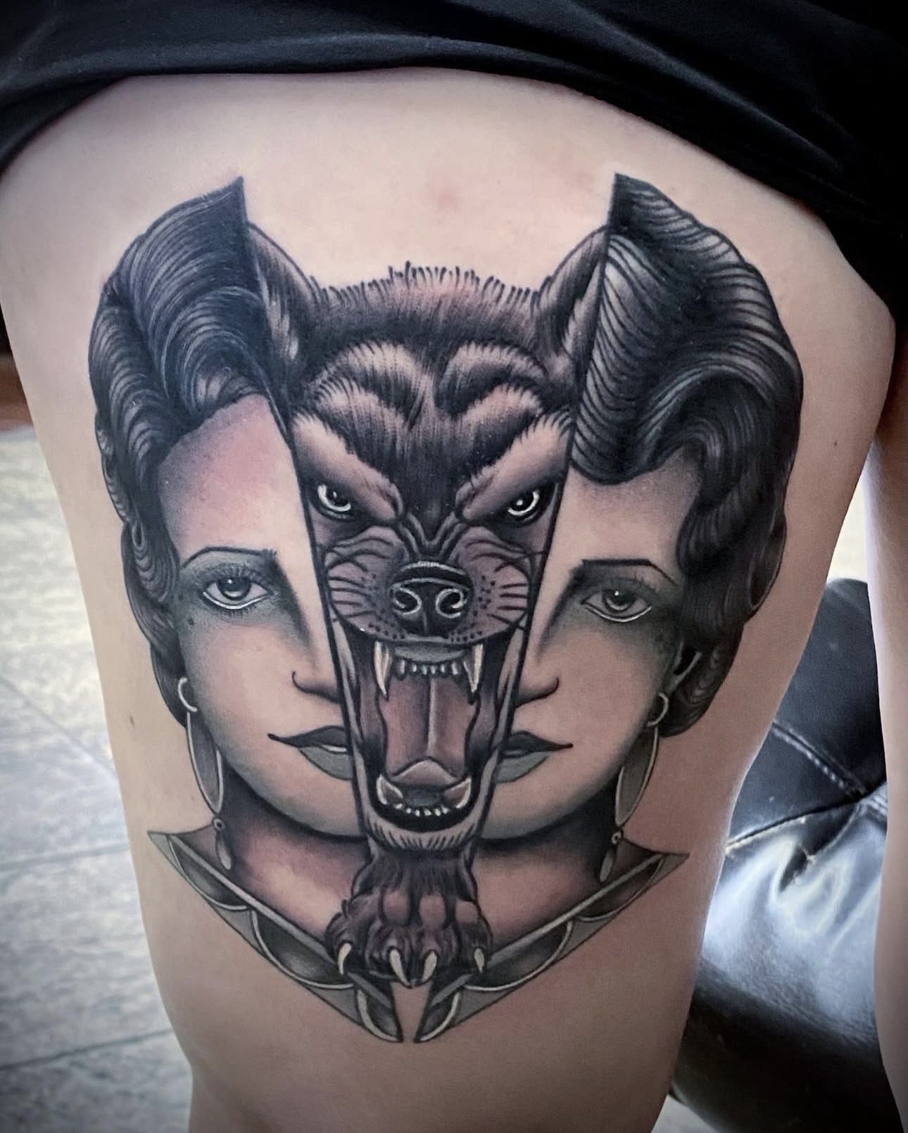 Wolf and portrait split — thigh piece